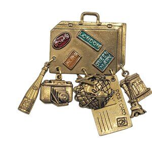 Gold Tone Brass Travel Suitcase, Paris, Rome Charm Brooch Pendant N170